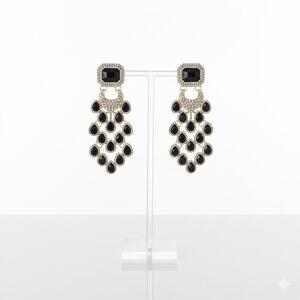 Black Glass Rhinestone Chandelier Earrings Gold Tone Stud Statement 3”